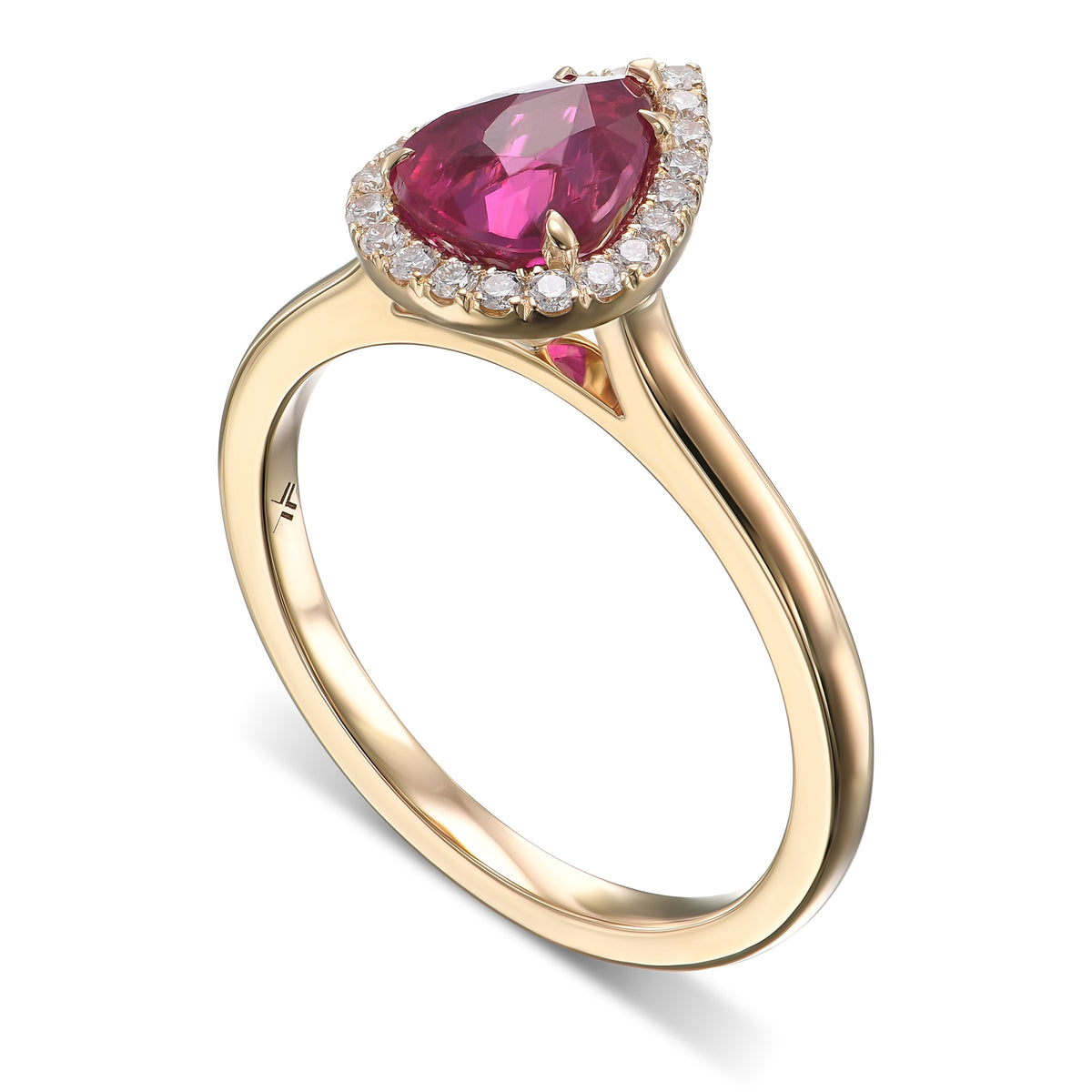 Pear Pinkish Red Ruby and Diamond Halo Ring