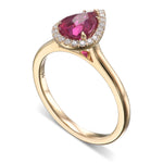 Pear Pinkish Red Ruby and Diamond Halo Ring