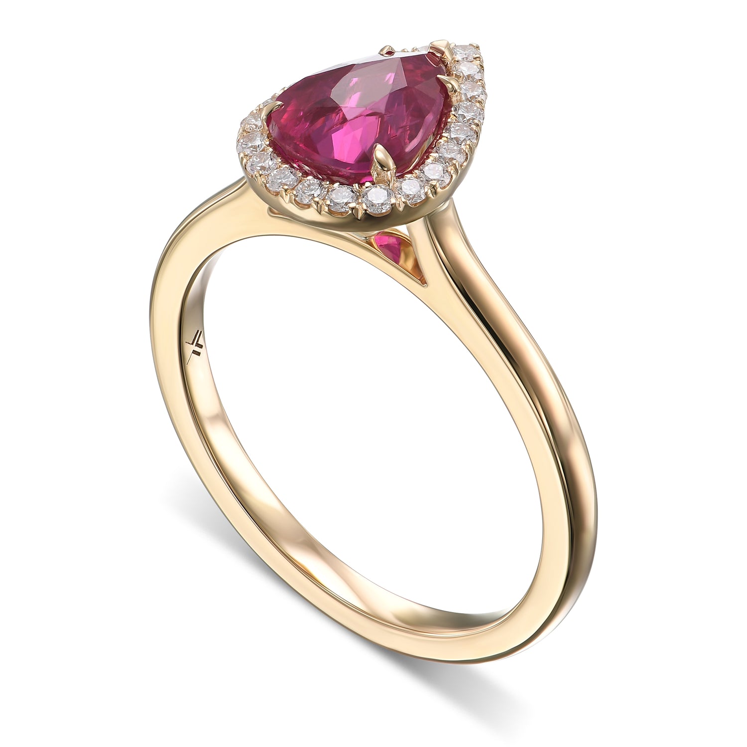 Pear Pinkish Red Ruby and Diamond Halo Ring