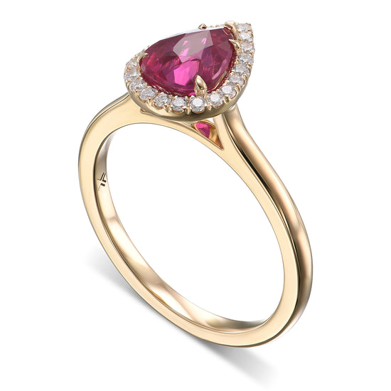 Pear Pinkish Red Ruby and Diamond Halo Ring