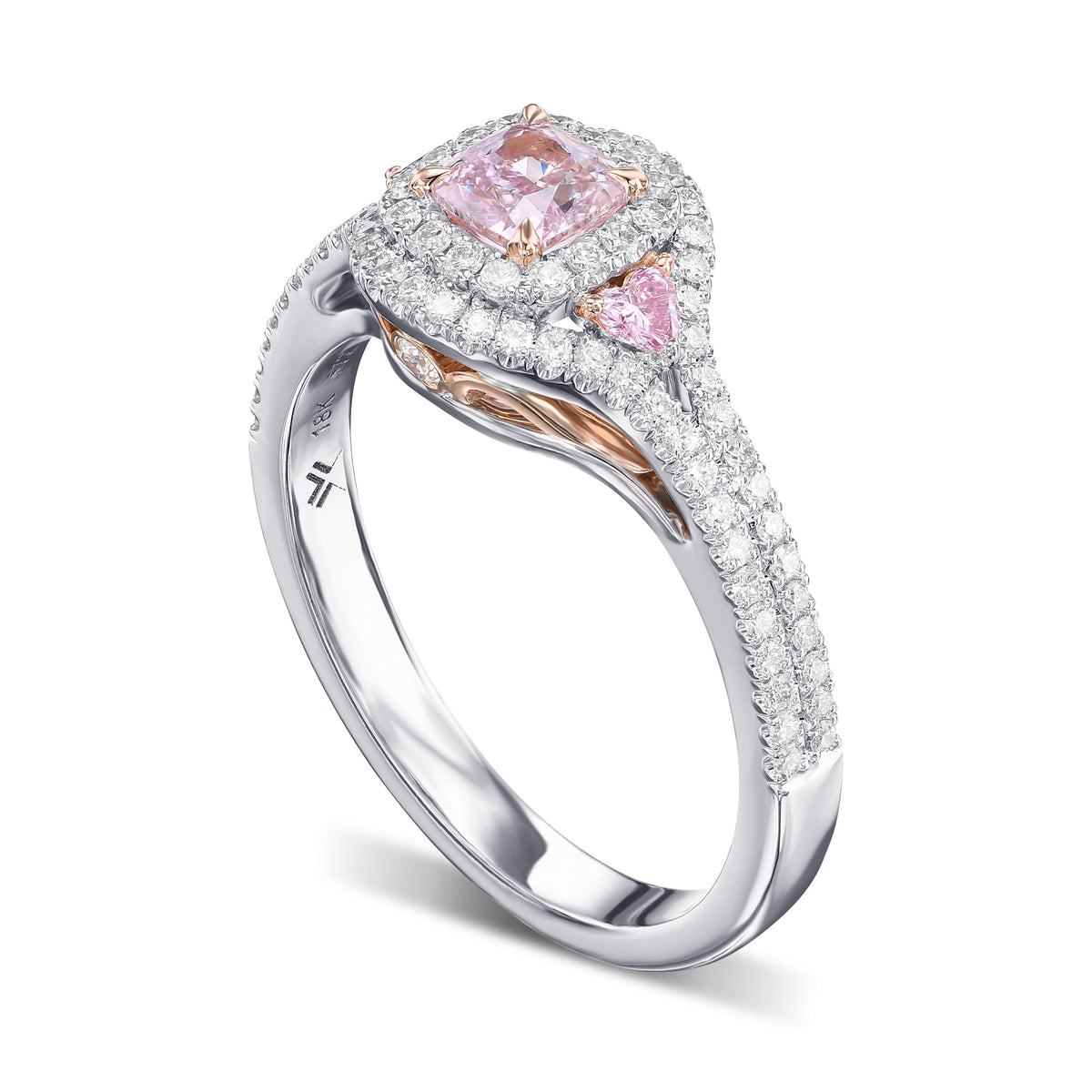 Fancy Purple Pink Cushion & Heart 3-Stone Diamond Ring
