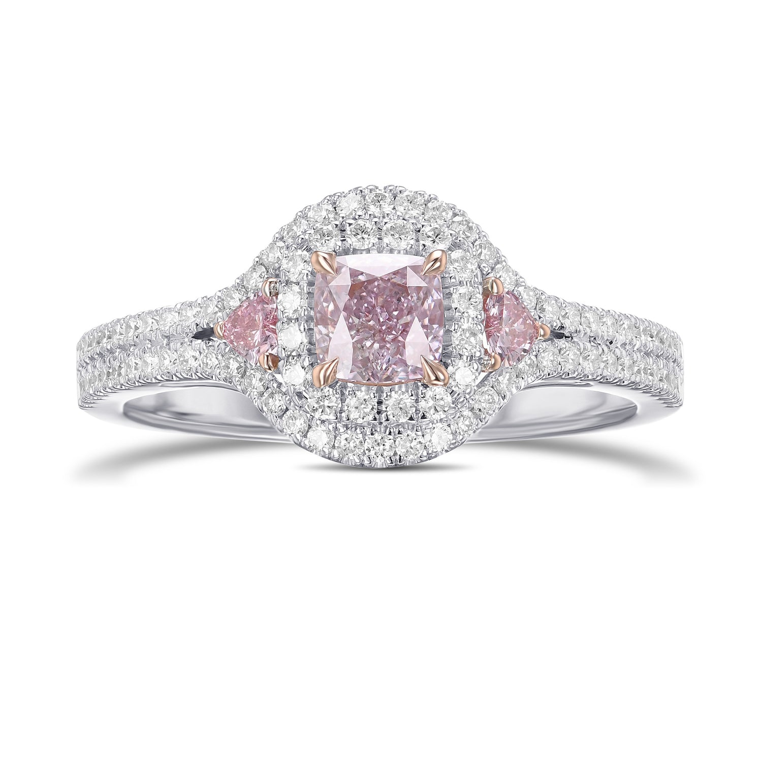 Fancy Purple Pink Cushion & Heart 3-Stone Diamond Ring