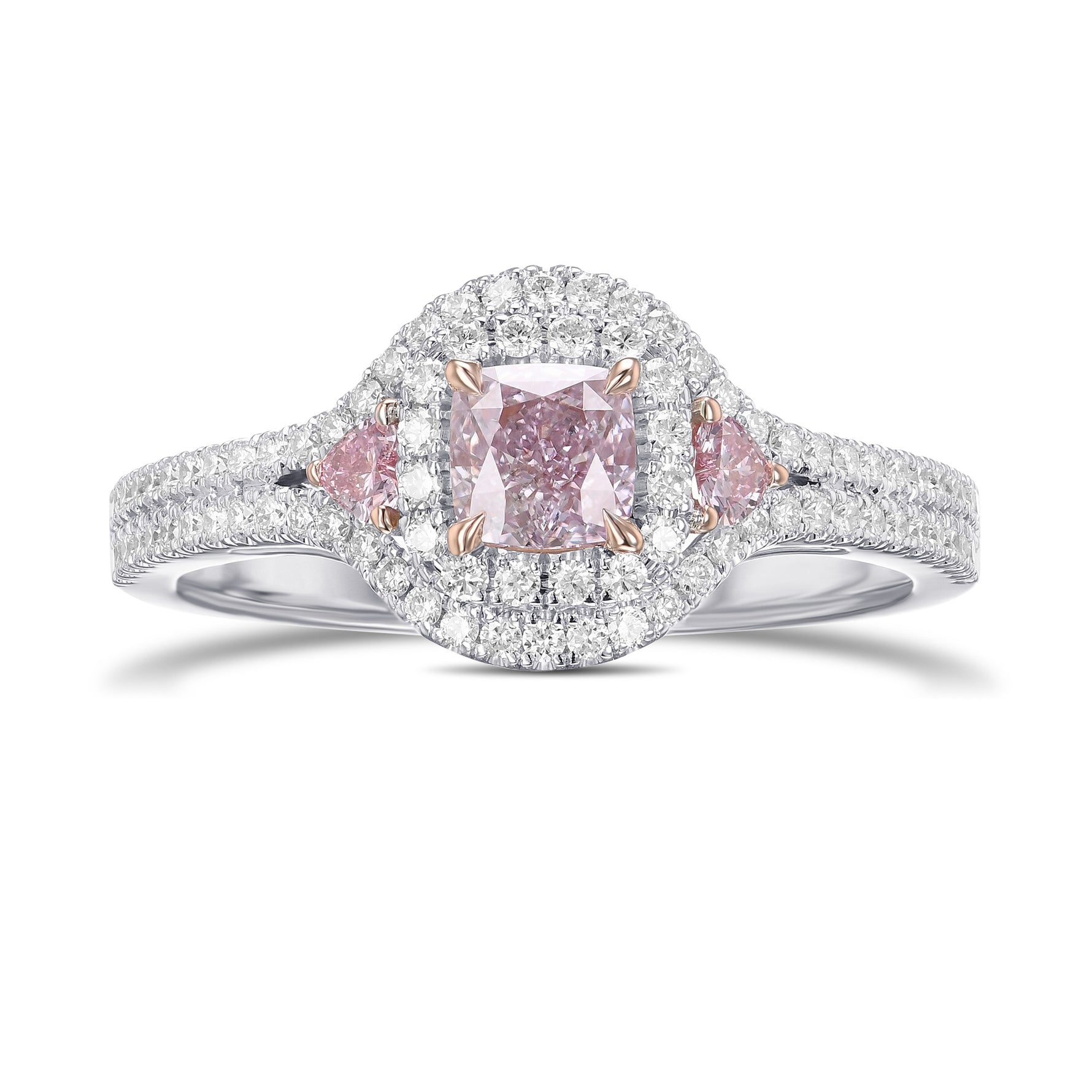 Fancy Purple Pink Cushion & Heart 3-Stone Diamond Ring