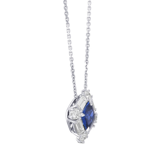 Cushion Blue Sapphire and Baguette Diamond Halo Pendant