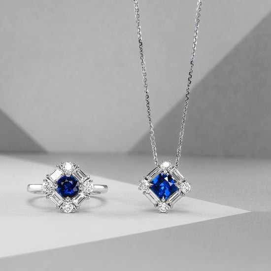 Cushion Blue Sapphire and Baguette Diamond Halo Pendant