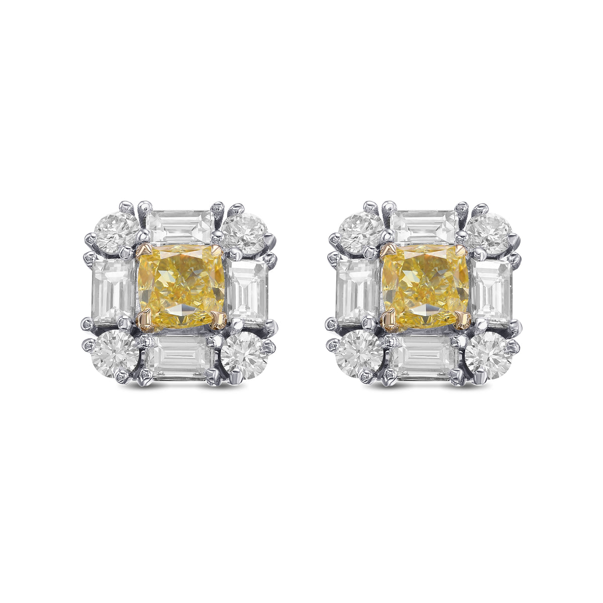Extraordinary Cushion Fancy Intense Yellow Diamond Halo Stud Earrings