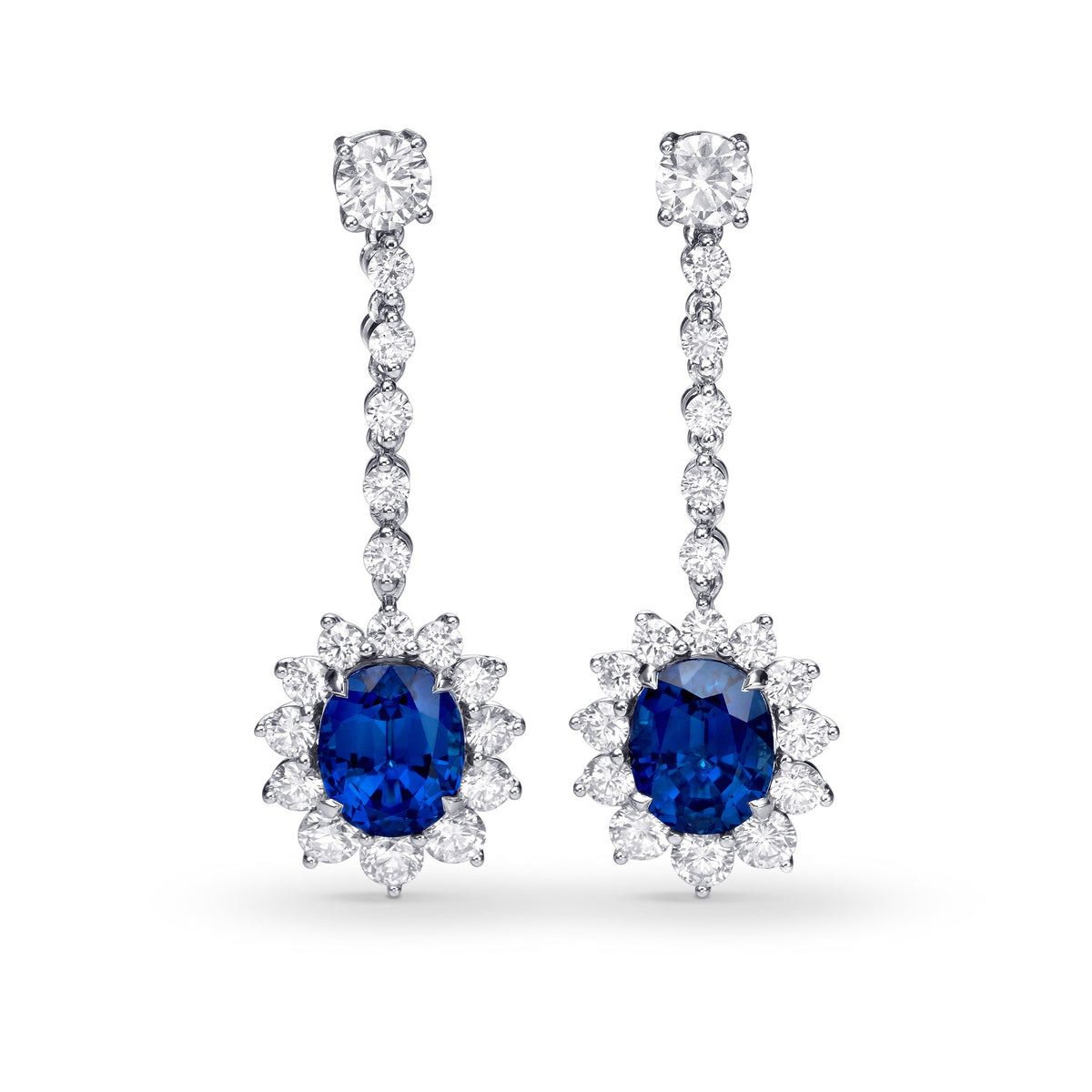 Deep Blue Oval Sapphire and Diamond Earrings