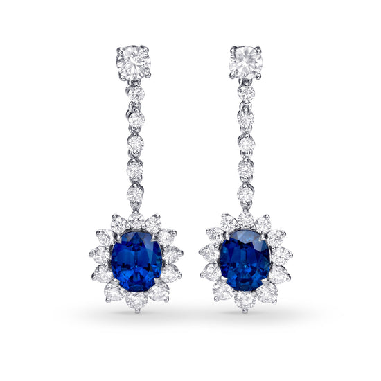 Deep Blue Oval Sapphire and Diamond Earrings