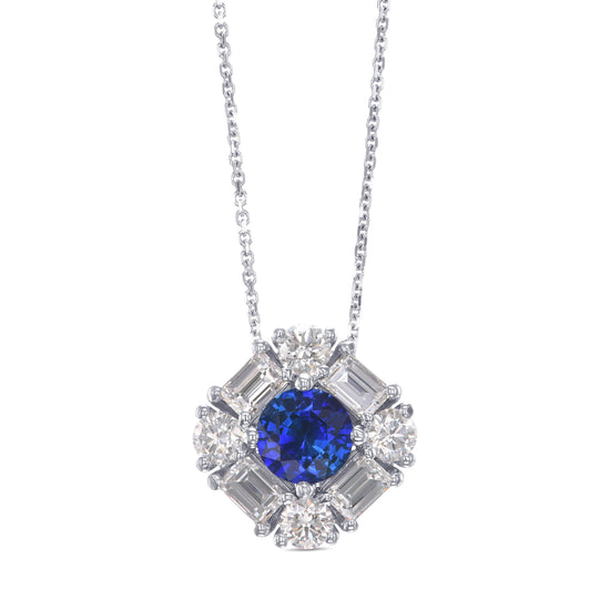 Round Blue Sapphire and  Baguette Diamond Halo Pendant