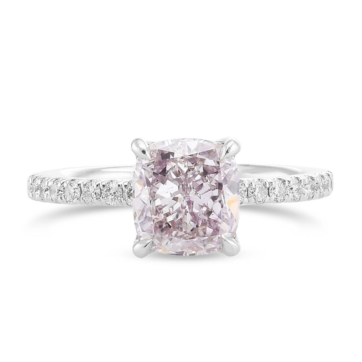 Fancy Light Pinkish Purple Cushion Solitaire Pave Side Stone Diamond Ring