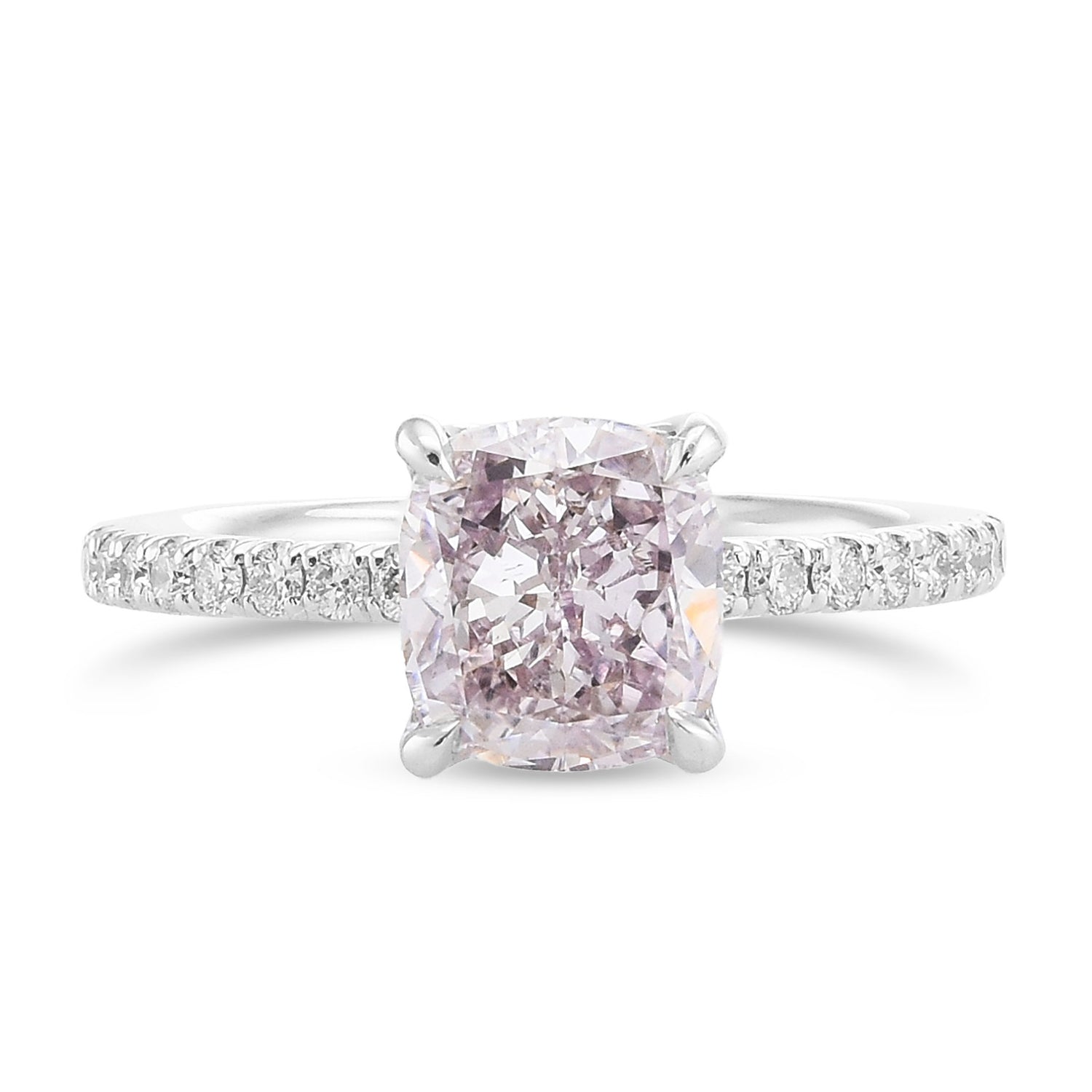 Fancy Light Pinkish Purple Cushion Solitaire Pave Side Stone Diamond Ring
