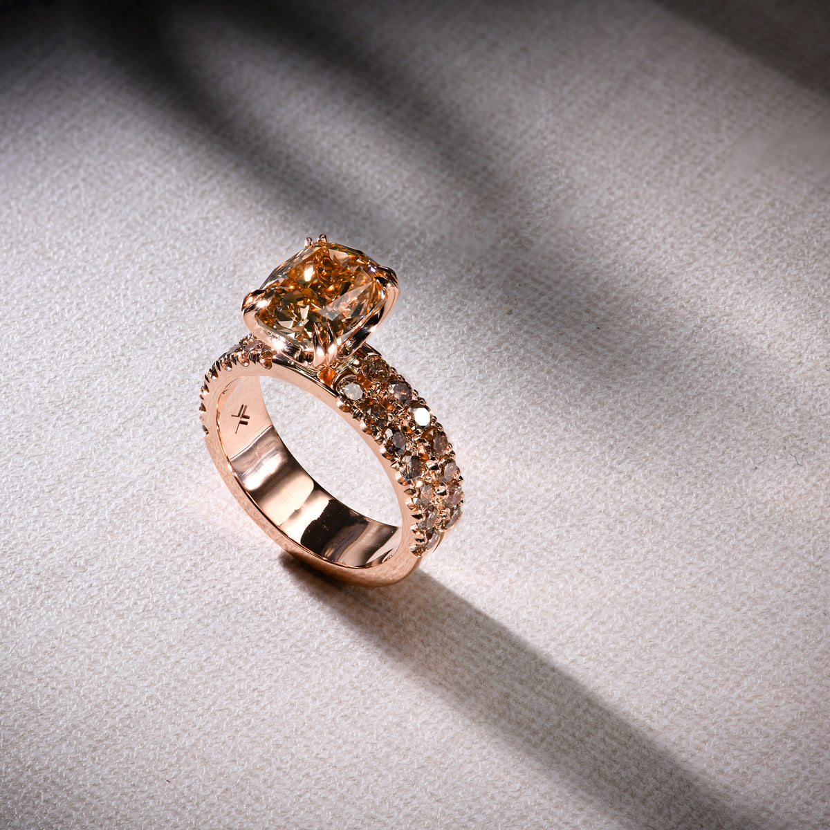 Fancy Brown Yellow Cushion Diamond Engagement & Wedding Ring Set