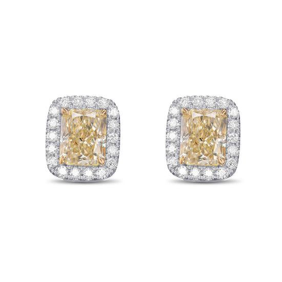 Light Yellow Radiant Halo Diamond Earrings 