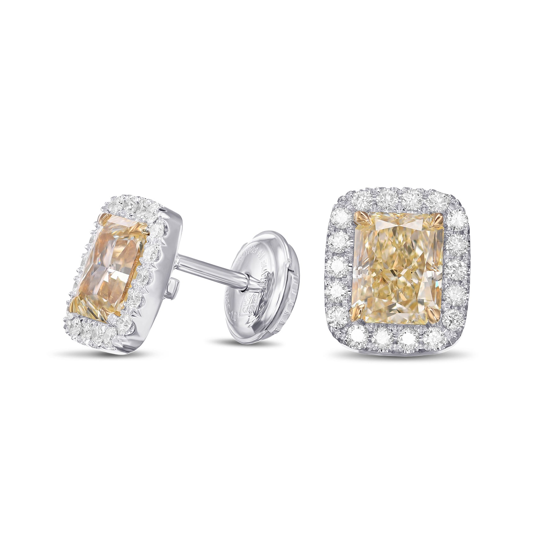 Light Yellow Radiant Halo Diamond Earrings 