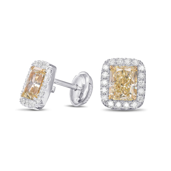Light Yellow Radiant Halo Diamond Earrings 