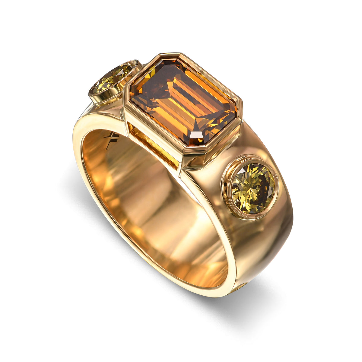 Fancy Deep Yellow Brown Emerald Gents 3-Stone Diamond Ring