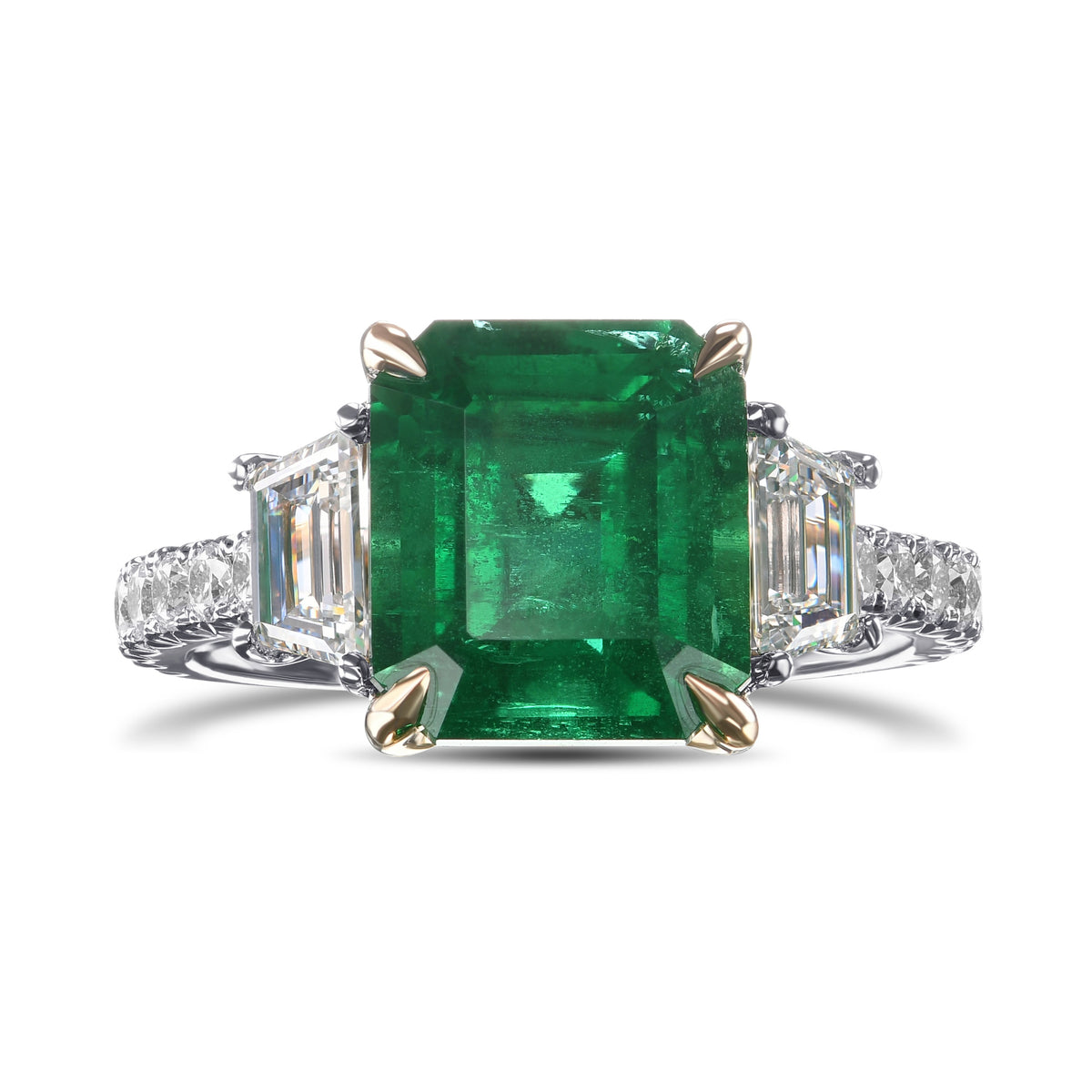 Emerald & Trapezoid Diamond Three-stone Ring