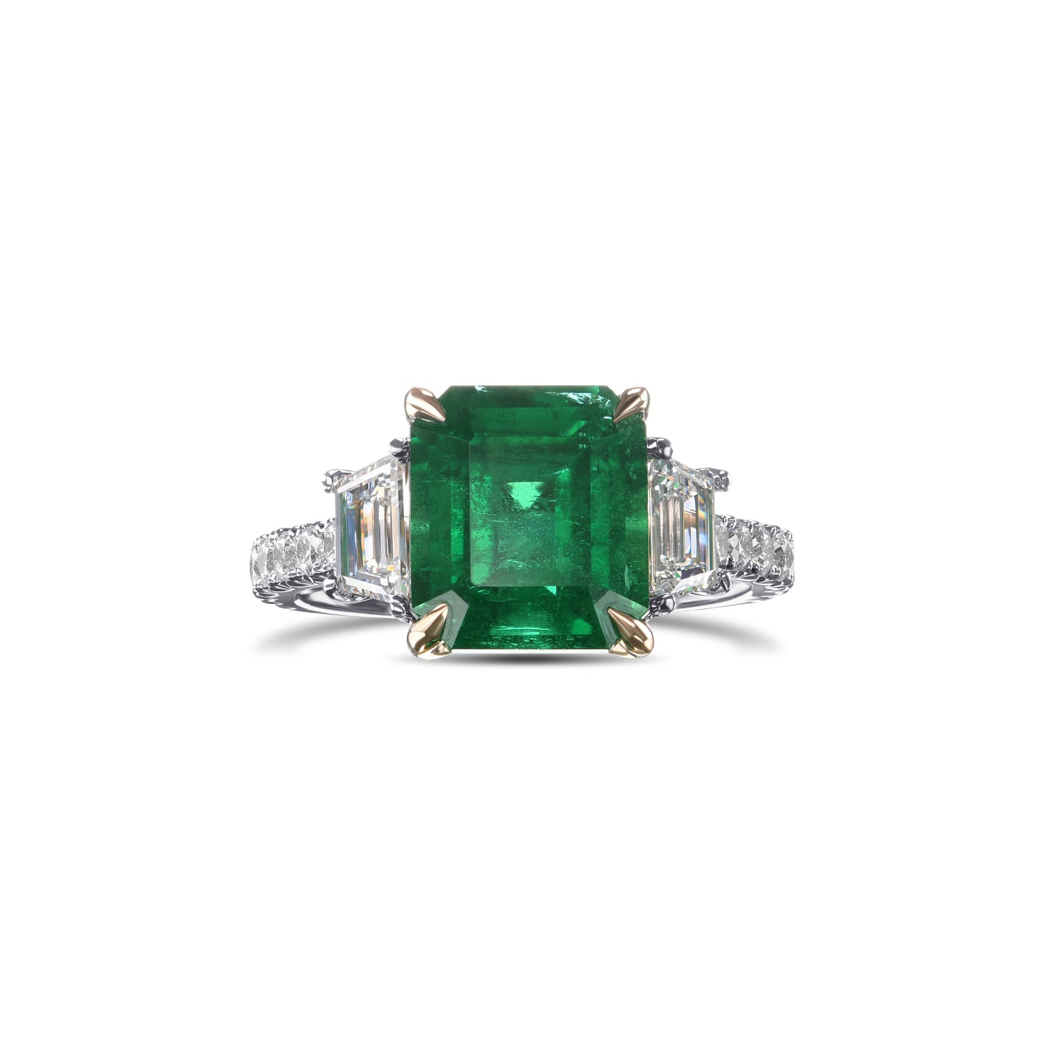 Emerald & Trapezoid Diamond Three-stone Ring