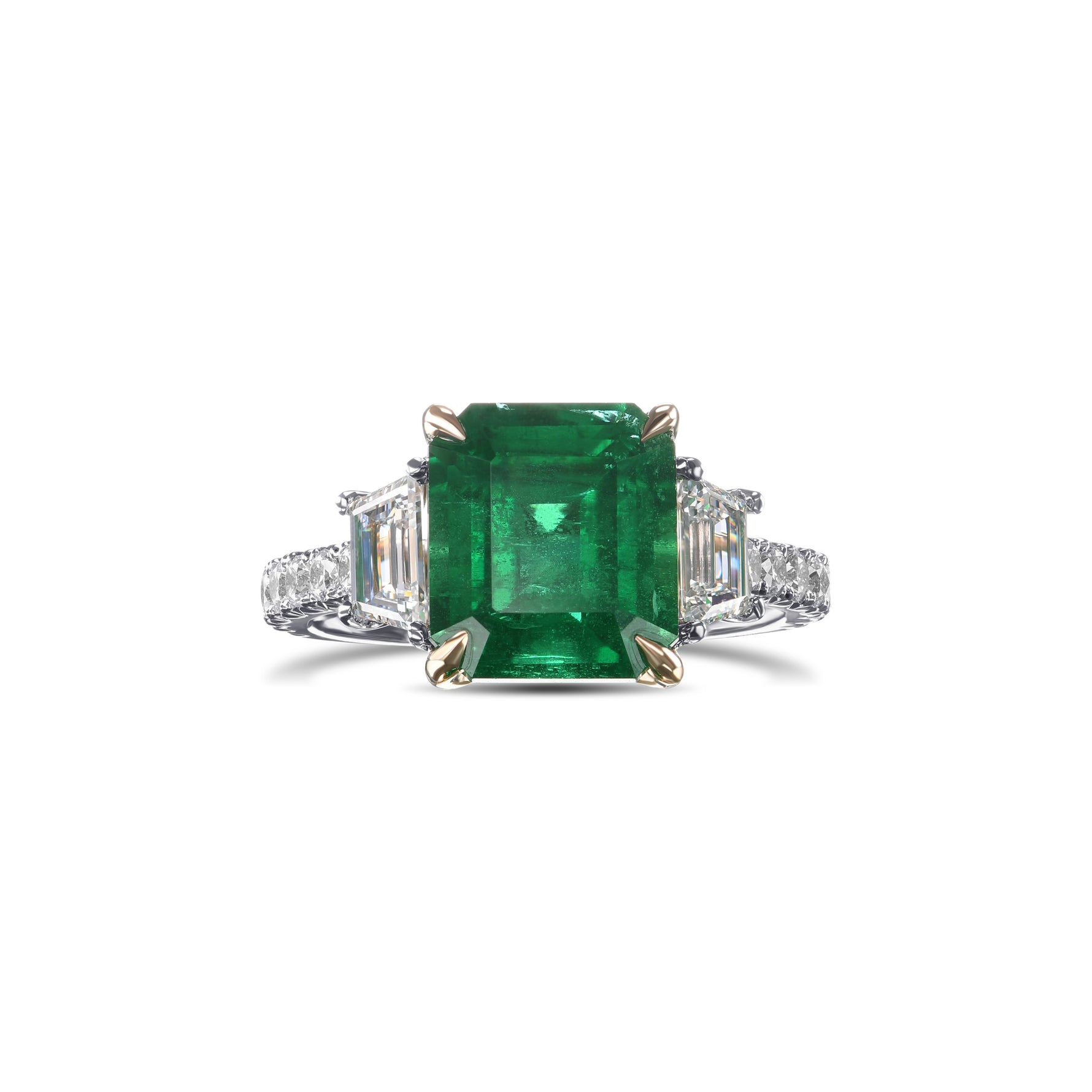 Emerald & Trapezoid Diamond Three-stone Ring