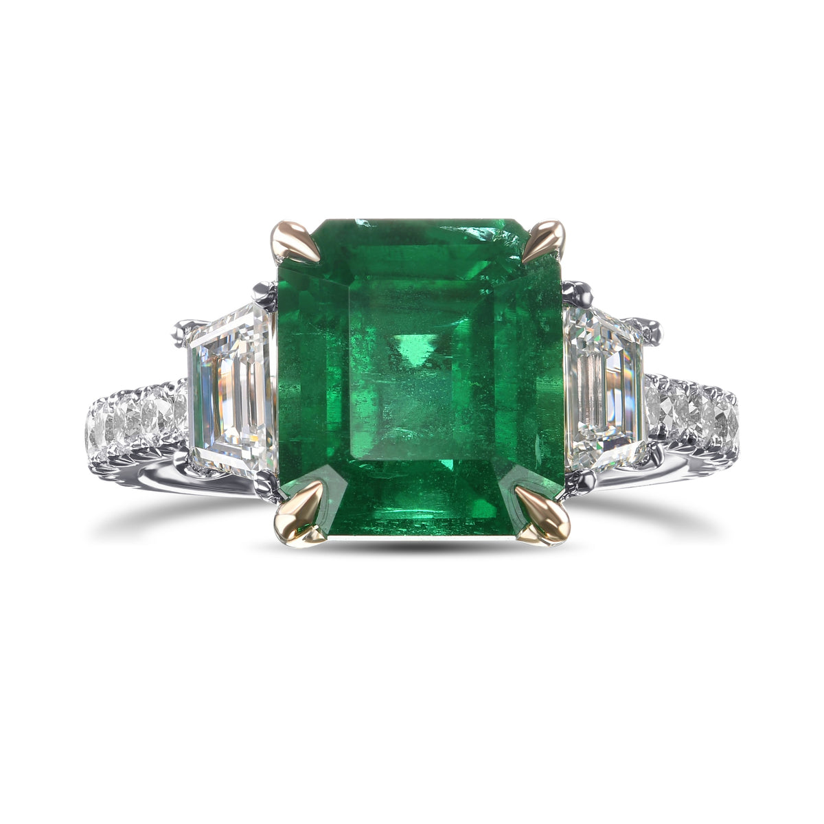 Emerald & Trapezoid Diamond Three-stone Ring