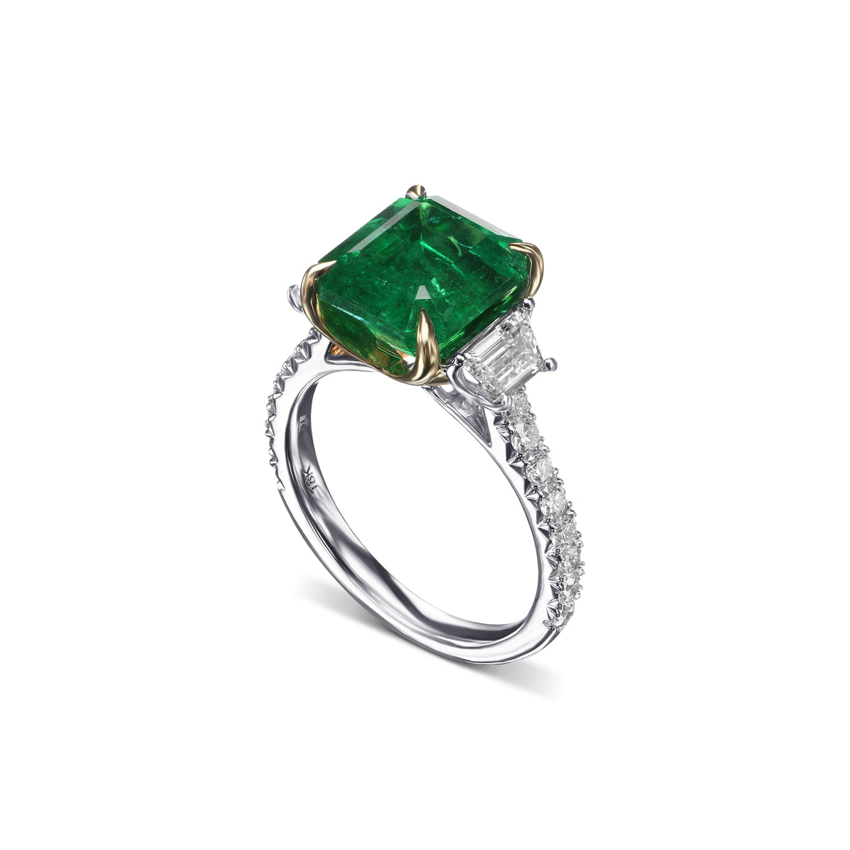 Emerald & Trapezoid Diamond Three-stone Ring