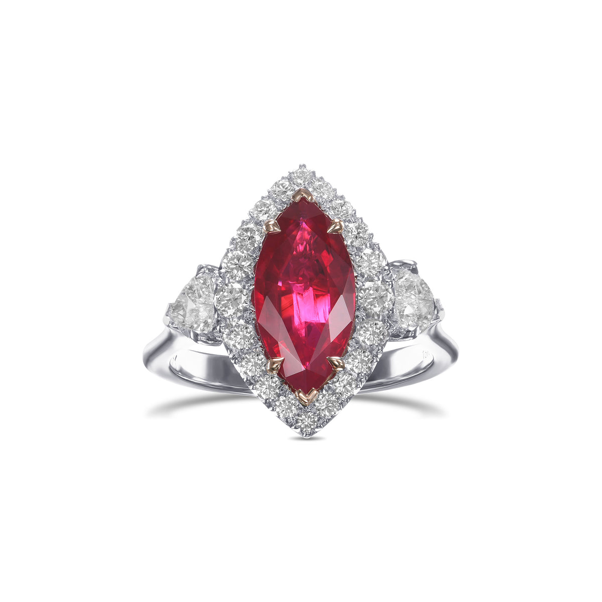 Burmese Marquise Ruby and Heart Diamond Three-Stone Halo Ring