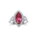 Burmese Marquise Ruby and Heart Diamond Three-Stone Halo Ring