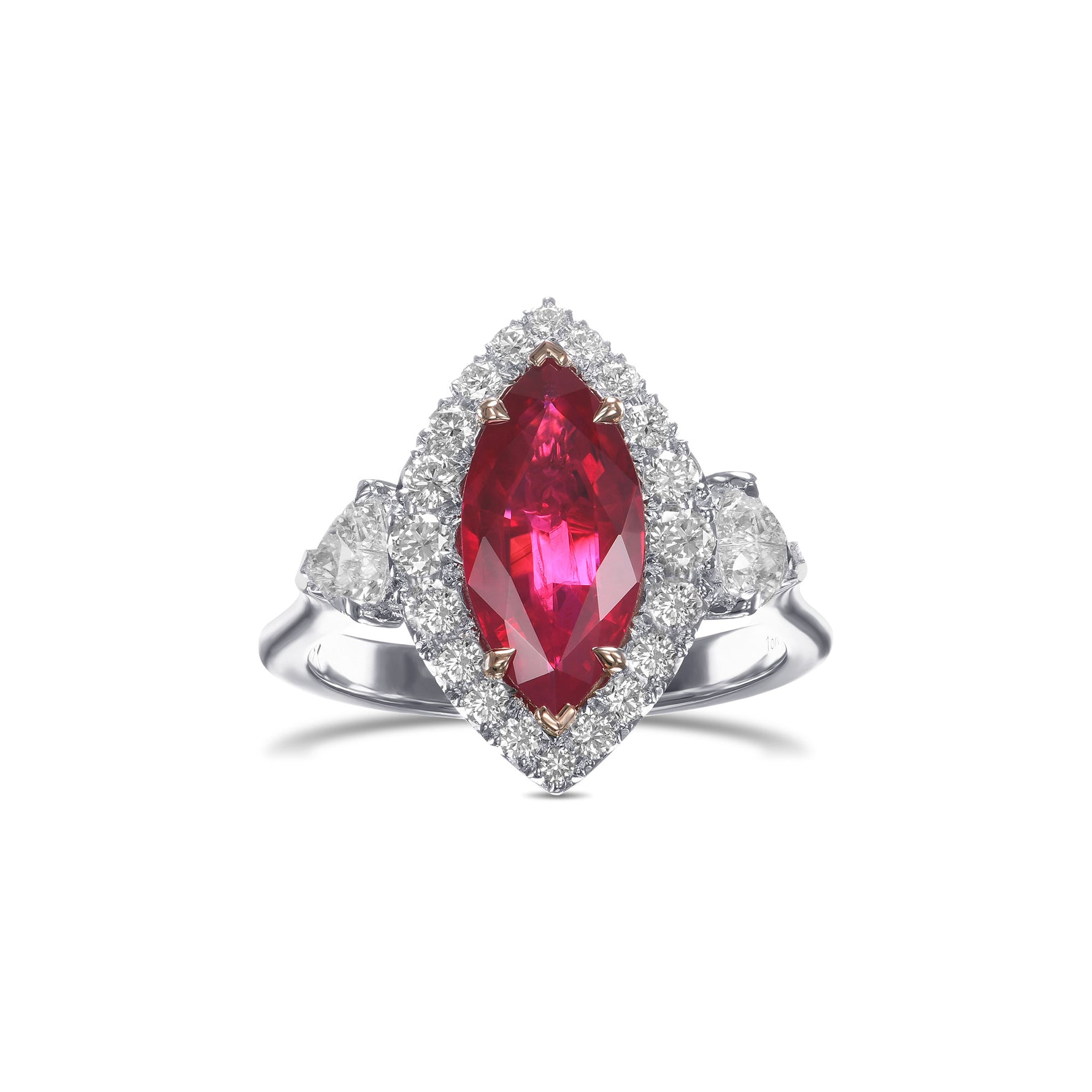 Burmese Marquise Ruby and Heart Diamond Three-Stone Halo Ring