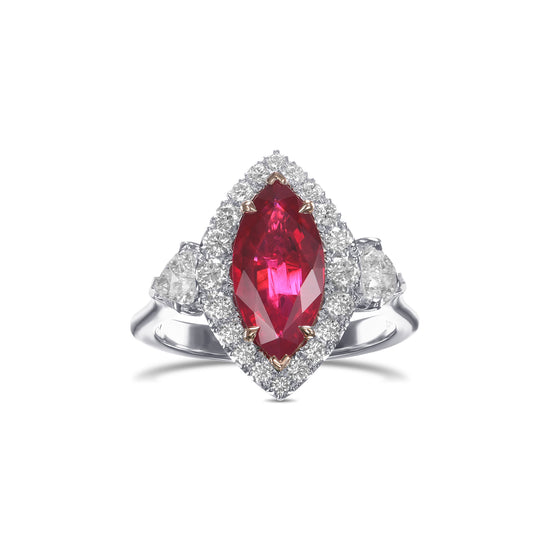 Burmese Marquise Ruby and Heart Diamond Three-Stone Halo Ring