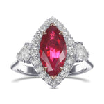 Burmese Marquise Ruby and Heart Diamond Three-Stone Halo Ring