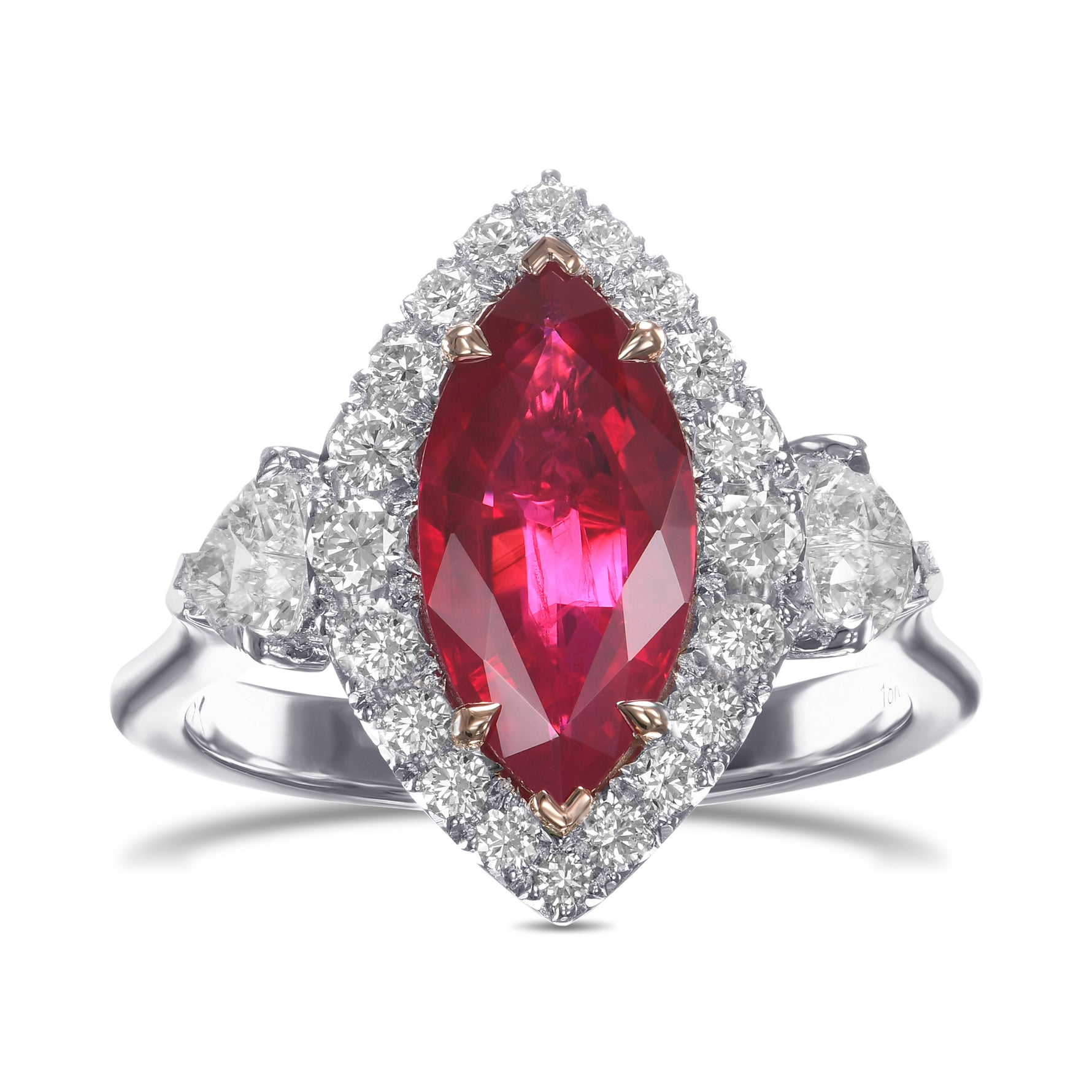 Burmese Marquise Ruby and Heart Diamond Three-Stone Halo Ring