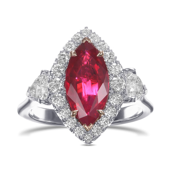 Burmese Marquise Ruby and Heart Diamond Three-Stone Halo Ring