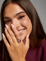 Burmese Marquise Ruby and Heart Diamond Three-Stone Halo Ring