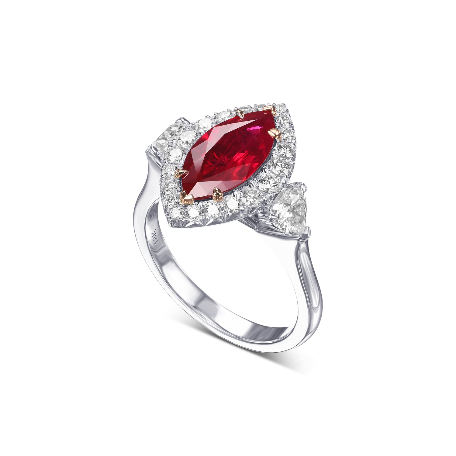 Burmese Marquise Ruby and Heart Diamond Three-Stone Halo Ring