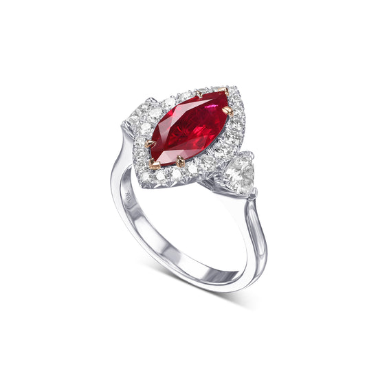 Burmese Marquise Ruby and Heart Diamond Three-Stone Halo Ring