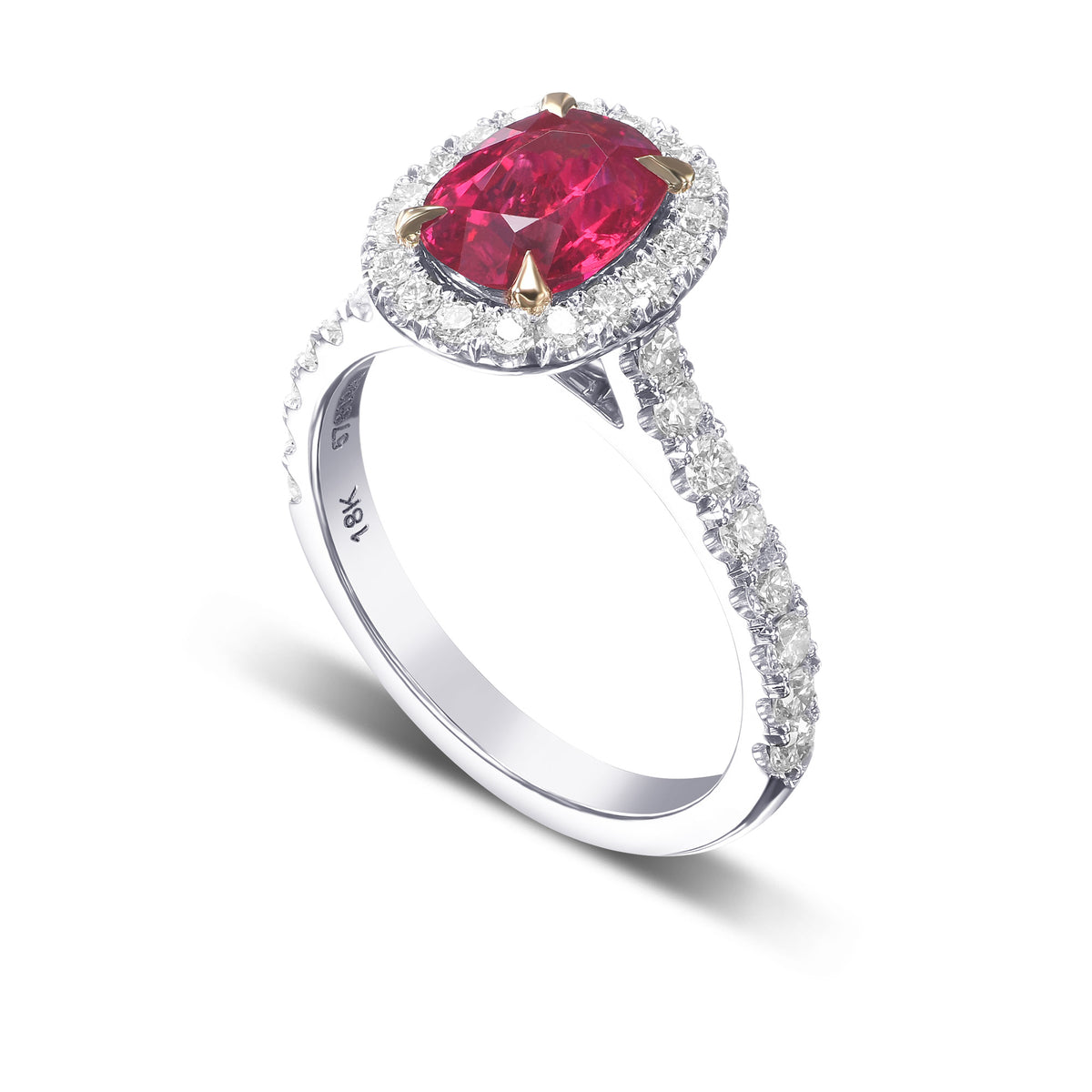 Oval Pigeon Blood Ruby and Diamond Halo Ring