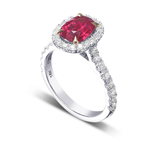 Oval Pigeon Blood Ruby and Diamond Halo Ring