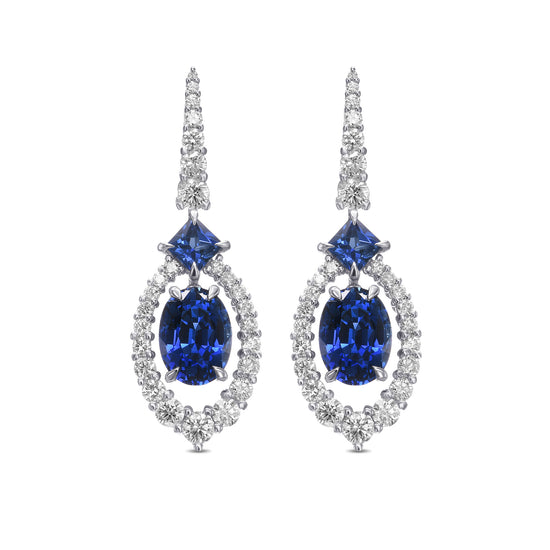Royal Blue Sapphire and Diamond Drop Earrings