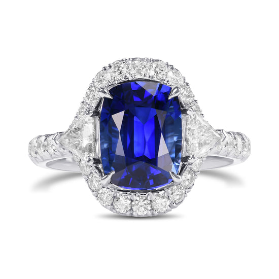 Royal Blue Cushion Sapphire & Triangle Diamond Halo Ring
