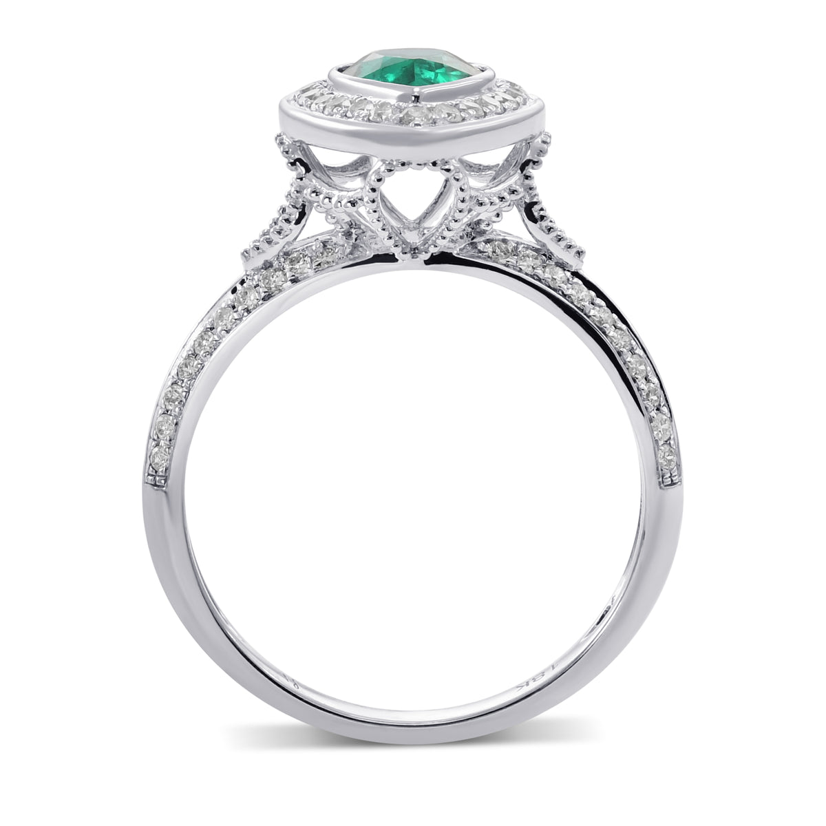 Colombian Emerald and Diamond Halo Side Stone Ring