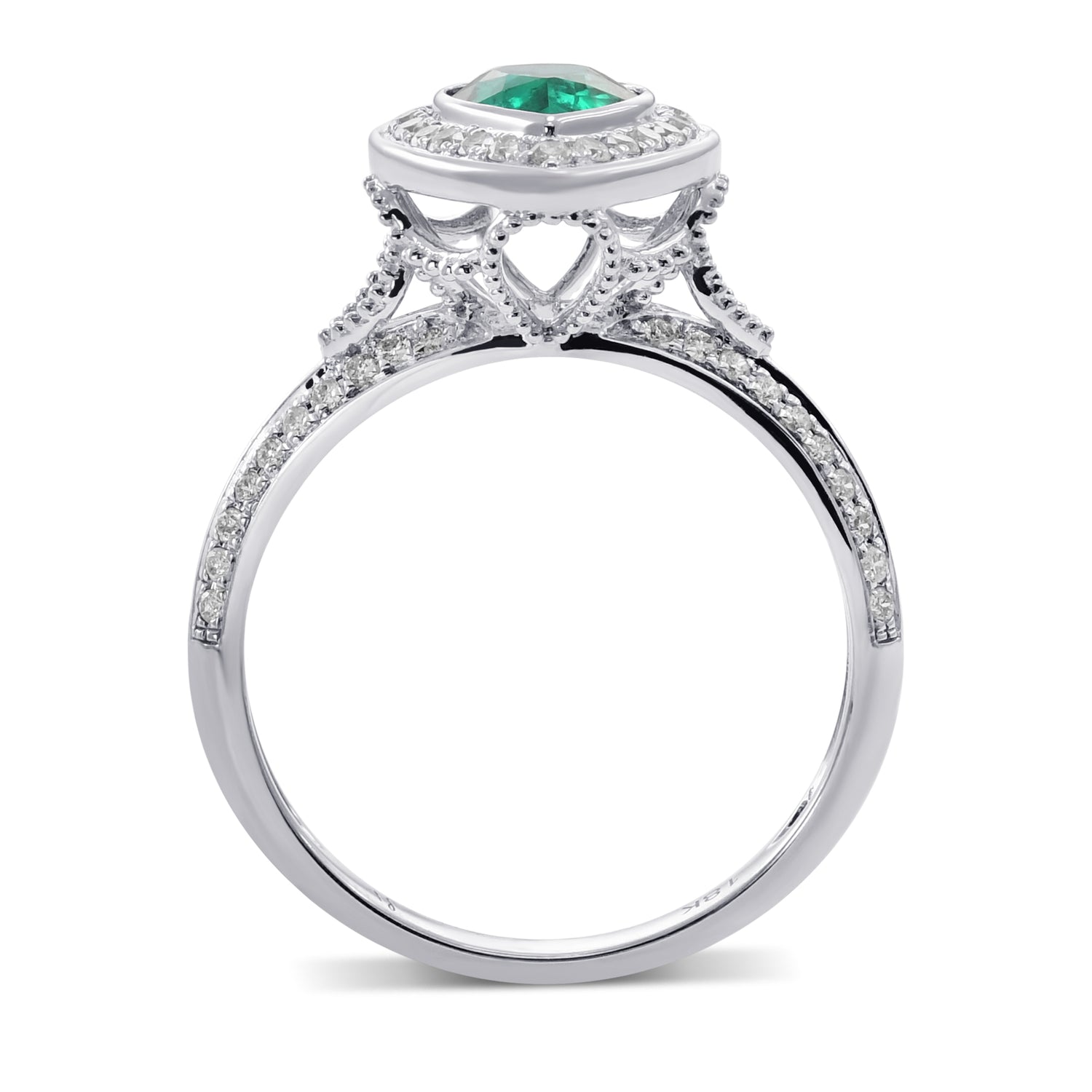 Colombian Emerald and Diamond Halo Side Stone Ring