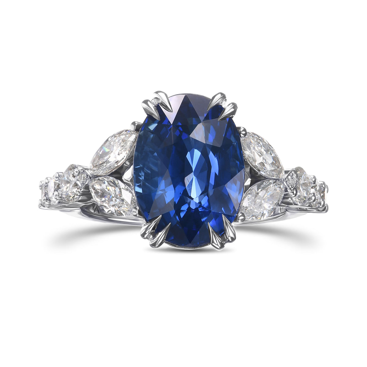 Oval Sapphire Marquise Side-stone Diamond Ring 