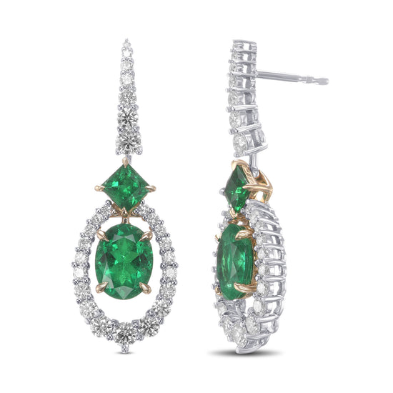 Extraordinary Oval Emerald and Diamond Halo Drop Earrings