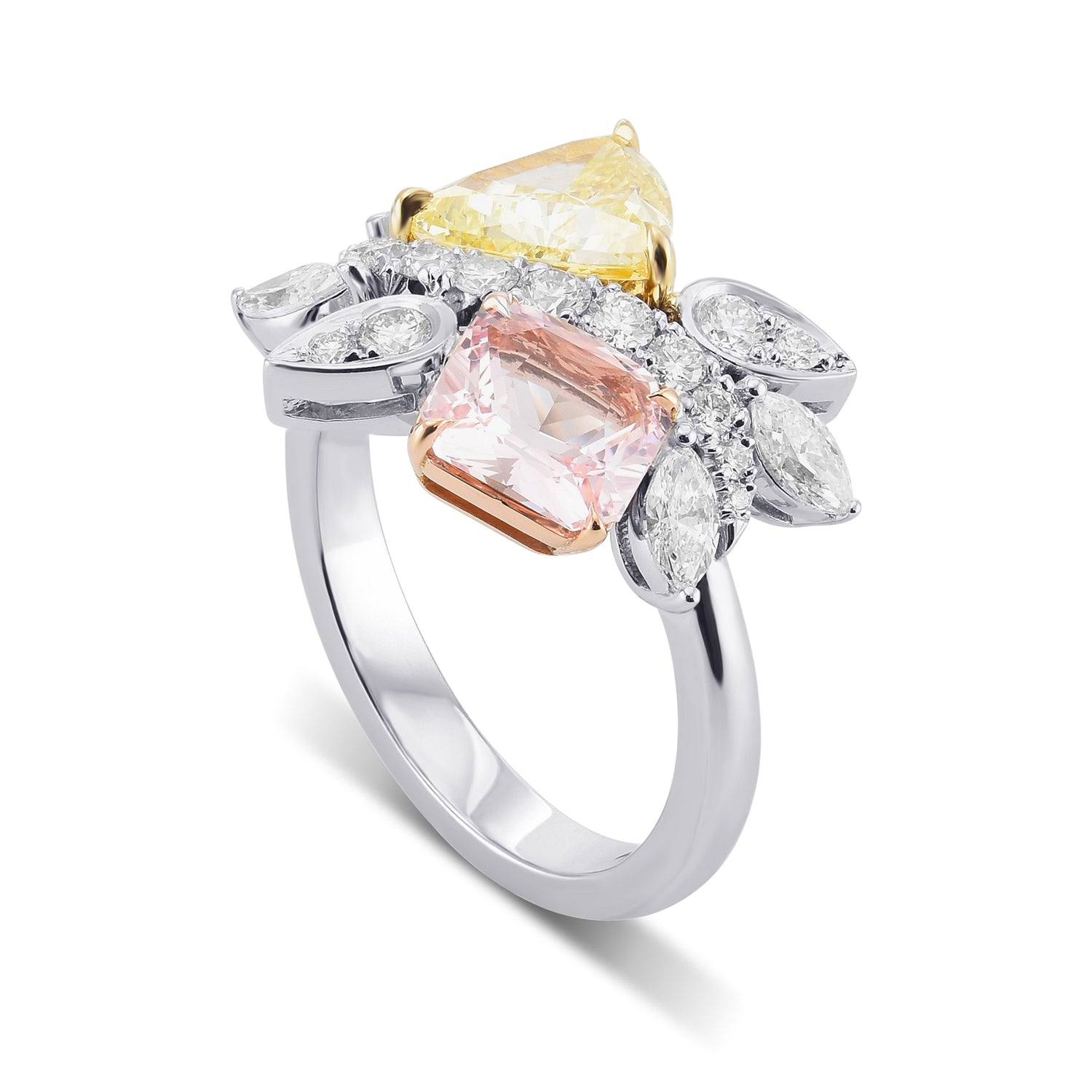 Fancy Light Yellow Triangle Diamond & Radiant Peach Sapphire Cluster Ring