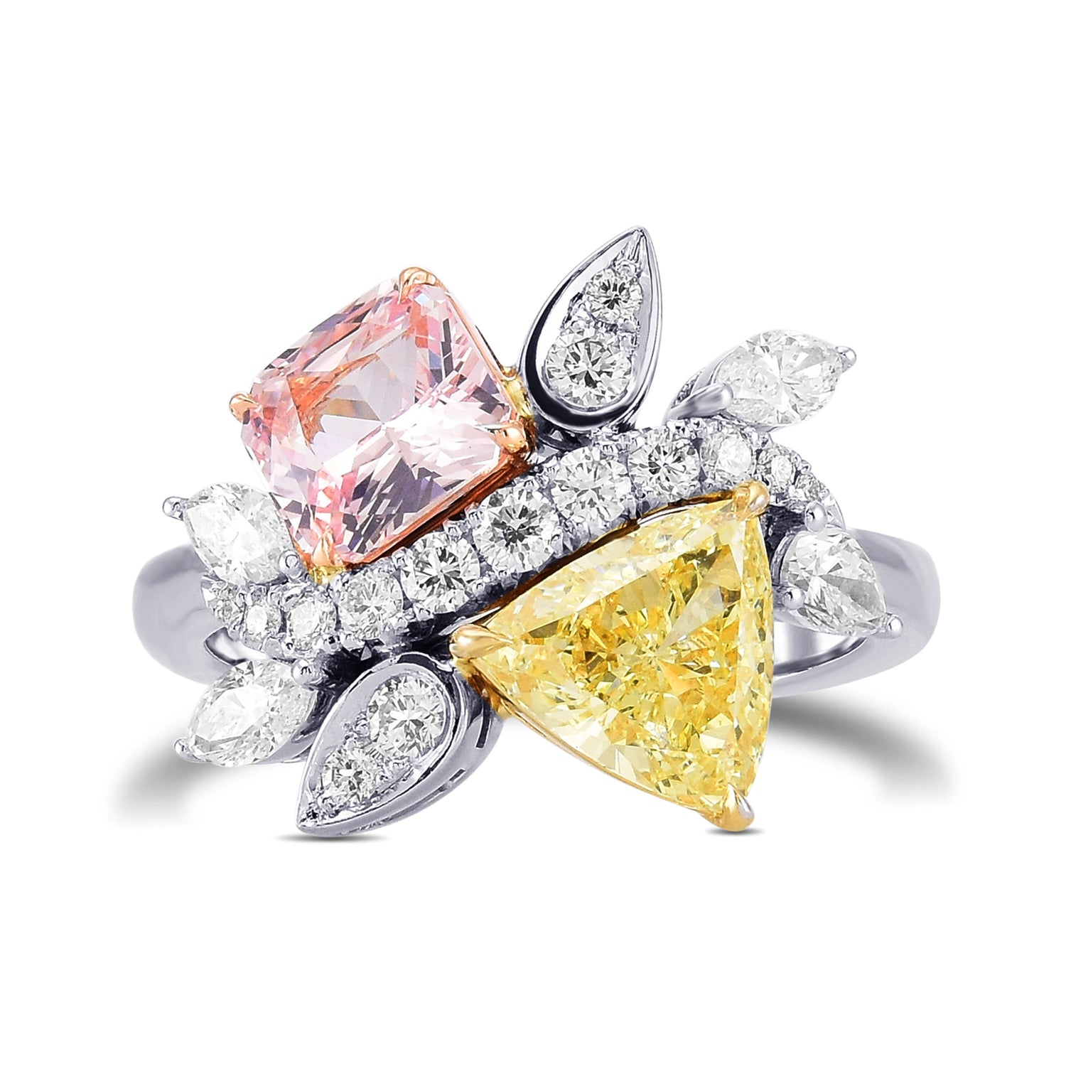 Fancy Light Yellow Triangle Diamond & Radiant Peach Sapphire Cluster Ring
