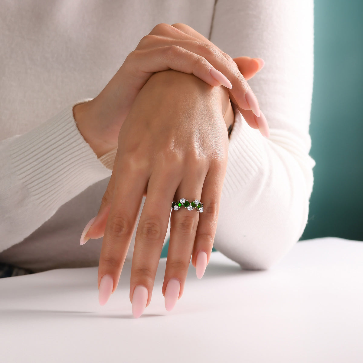 Green Tourmaline and Diamond Band Ring