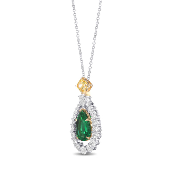 Green Emerald and Fancy Vivid Yellow Diamond Halo Pendant