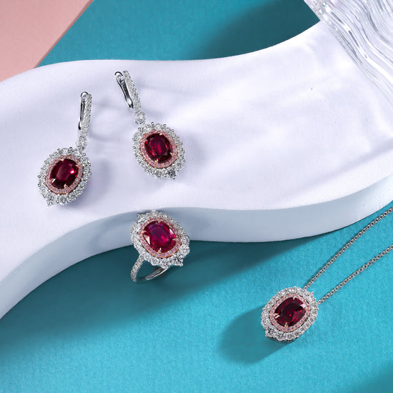 Oval Pigeon Blood Ruby and Diamond Double Halo Pendant