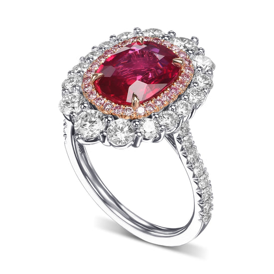 Cushion Mozambique Ruby and Diamond Double Halo Ring