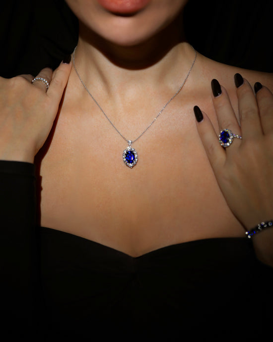 Royal Blue Sapphire Cushion Halo Diamond Pendant